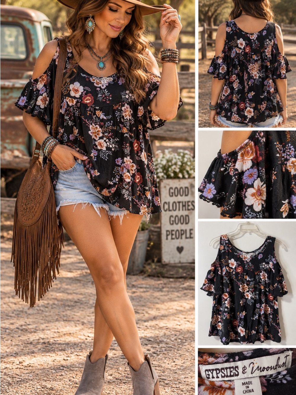 Gypsies & Moondust Floral Cold Shoulder Top Size M Black Boho Western